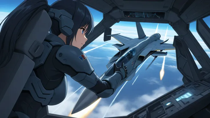 Anime-style, futuristic aerial battle scene. A cybernetic female pilot in a high-tech armored suit is inside the cockpit of an advanced fighter jet.