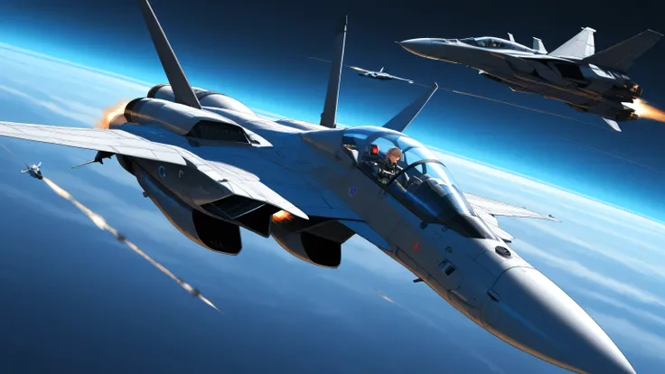 Anime-style, futuristic aerial battle scene. A cybernetic female pilot in a high-tech armored suit is inside the cockpit of an advanced fighter jet.