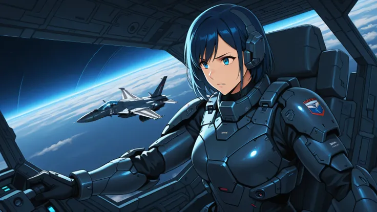 Anime-style, futuristic aerial battle scene. A cybernetic female pilot in a high-tech armored suit is inside the cockpit of an advanced fighter jet.