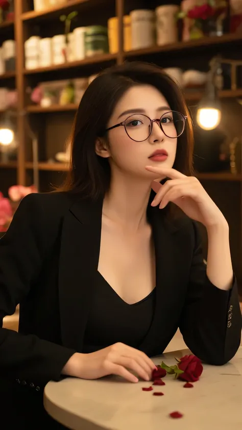 A stunning female shop owner in her 30s leans against the floral boutique counter, her tailored black blazer slipping slightly to reveal a silk camisole underneath. She toys with a blood-red rose, its petals scattering near her manicured fingers as golden ...