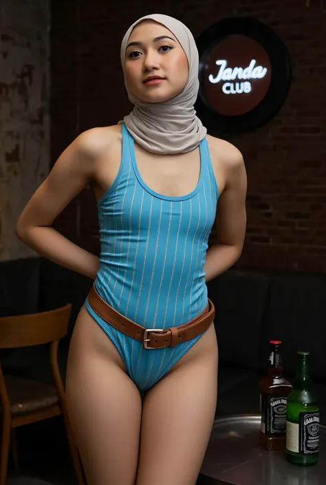 Baby face cute, Front posing, Wearing Scarf neck tie and blue female panties, Front posing, SKINNY, memakai kacamata rabun,  (Thighs and calves huge muscles), (((MOODY FACE EXPRESSION))), "Wearing Hijab perfectly",  wearing Scoop Neck Sleeveless neon blue ...