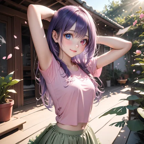 ((Top quality, 8K, highest resolution, masterpiece, ultra-realistic)), ((Odd-eyed high school girl)), ((Heterochromia, red eyes, blue eyes)), ((Sparkling and delicate eyes)), ((Very accurate eyes)), (Long platinum and purple hair), Princess cut, ((Transpar...