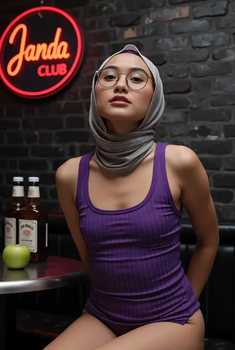 face cute smile , Front posing, Wearing Scarf neck tie, Front posing, SKINNY SUPER OLD LADY, memakai kacamata rabun,  (Thighs and calves huge muscles), (((MOODY FACE EXPRESSION))), "Wearing Hijab perfectly",  wearing Scoop Neck Sleeveless purple Bodysuits ...