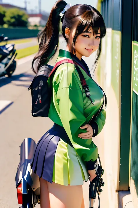 Japanese woman in school uniform posing on motorbike, beautiful high school girl shedding tears, mini skirt、ponytail、white panties、Kawasaki Ninja、Ninja250、Ninja KRT Green、a hyper REAL SCHOOLGIRLS , hyper REAL SCHOOLGIRLS , Charming Anime Girls, Anime Girl ...