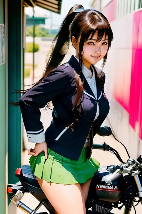 Japanese woman in school uniform posing on motorbike, beautiful high school girl shedding tears, mini skirt、ponytail、white panties、Kawasaki Ninja、Ninja250、Ninja KRT Green、a hyper REAL SCHOOLGIRLS , hyper REAL SCHOOLGIRLS , Charming Anime Girls, Anime Girl ...