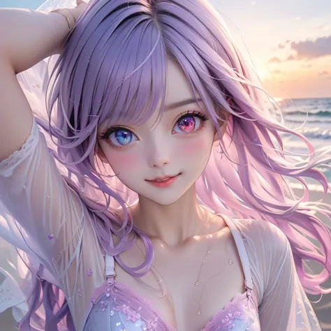 ((Highest quality, 8K, highest resolution, masterpiece, ultra-realistic)), ((Bra visible through clothes)), ((Heterochromia, red eyes, blue eyes)), ((Sparkling, detailed eyes)), ((Ultra-detailed eye depiction)), ((Crystal-like eyes)), (Long wavy platinum a...