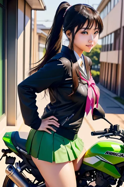 Japanese woman in school uniform posing on motorbike, beautiful high school girl shedding tears, mini skirt、ponytail、white panties、Kawasaki Ninja、Ninja250、Ninja KRT Green、a hyper REAL SCHOOLGIRLS , hyper REAL SCHOOLGIRLS , Charming Anime Girls, Anime Girl ...
