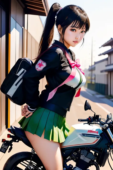 Japanese woman in school uniform posing on motorbike, beautiful high school girl shedding tears, mini skirt、ponytail、white panties、Kawasaki Ninja、Ninja250、Ninja KRT Green、a hyper REAL SCHOOLGIRLS , hyper REAL SCHOOLGIRLS , Charming Anime Girls, Anime Girl ...