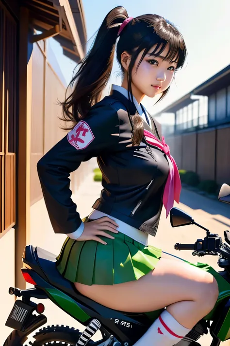 Japanese woman in school uniform posing on motorbike, beautiful high school girl shedding tears, mini skirt、ponytail、white panties、Kawasaki Ninja、Ninja250、Ninja KRT Green、a hyper REAL SCHOOLGIRLS , hyper REAL SCHOOLGIRLS , Charming Anime Girls, Anime Girl ...