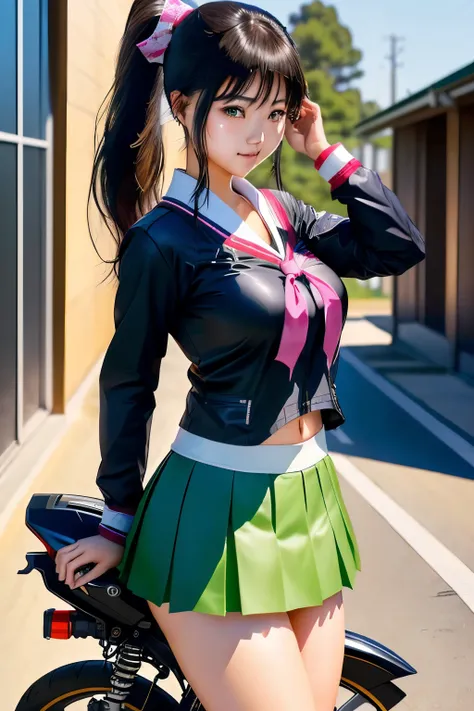 Japanese woman in school uniform posing on motorbike, beautiful high school girl shedding tears, mini skirt、ponytail、white panties、Kawasaki Ninja、Ninja250、Ninja KRT Green、a hyper REAL SCHOOLGIRLS , hyper REAL SCHOOLGIRLS , Charming Anime Girls, Anime Girl ...