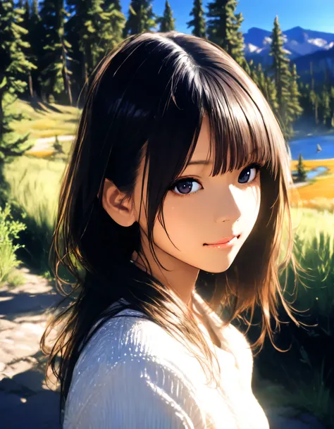 1girl, year 2016, upper body, Yellowstone National Park, blue sky, casual clothes, masterpiece, high score, great score, absurdres, 16k, Ultra detailed, (photorealistic : 0.5)