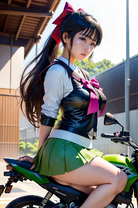 Japanese woman in school uniform posing on motorbike, beautiful high school girl shedding tears, mini skirt、ponytail、white panties、Kawasaki Ninja、Ninja250、Ninja KRT Green、a hyper REAL SCHOOLGIRLS , hyper REAL SCHOOLGIRLS , Charming Anime Girls, Anime Girl ...