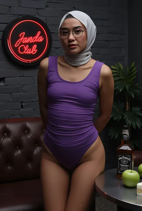 face cute smile , Front posing, Wearing Scarf neck tie, Front posing, SKINNY SUPER OLD LADY, memakai kacamata rabun,  (Thighs and calves huge muscles), (((MOODY FACE EXPRESSION))), "Wearing Hijab perfectly",  wearing Scoop Neck Sleeveless purple Bodysuits ...