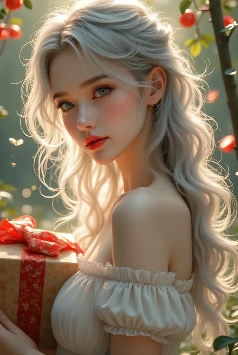 ((Girl with gift box))、(masterpiece、top quality、steampunk art、sunlight、(Look around)、((girl walking in an antique lakeside park)) detail、Thigh Composition 、Magic rim 、gray hair、red lips、supermarket detail、very detailed、(High Contrast: 1. 11)、wind、Amazing、b...