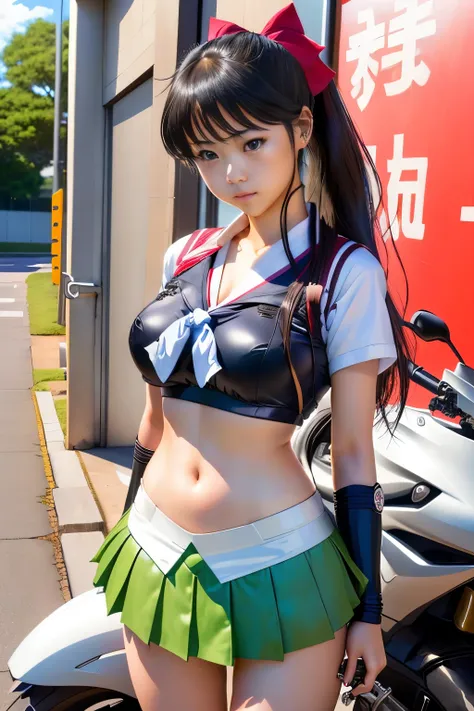 Japanese woman in school uniform posing on motorbike, beautiful high school girl shedding tears, mini skirt、ponytail、white panties、bikini、Kawasaki Ninja、Ninja250、Ninja KRT Green、a hyper REAL SCHOOLGIRLS , hyper REAL SCHOOLGIRLS , Charming Anime Girls, Anim...