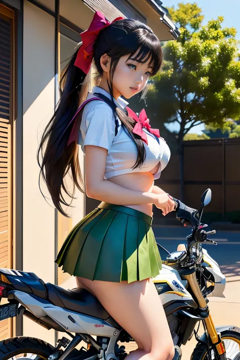 Japanese woman in school uniform posing on motorbike, beautiful high school girl shedding tears, mini skirt、ponytail、white panties、bikini、Kawasaki Ninja、Ninja250、Ninja KRT Green、a hyper REAL SCHOOLGIRLS , hyper REAL SCHOOLGIRLS , Charming Anime Girls, Anim...