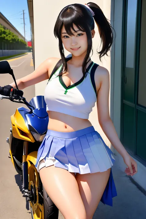 Japanese woman in school uniform posing on motorbike, white pantiesを見せてる女子高生、beautiful high school girl shedding tears, mini skirt、mini skirtの裾を持ち上げてる。、ponytail、white panties、Kawasaki Ninja、Ninja250、Ninja KRT Green、a hyper REAL SCHOOLGIRLS , leather tank t...