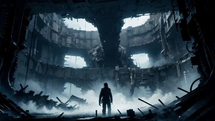 24mm lens,blame, tsutomu nihei, by tsutomu nihei,movie,panoramic, A huge biomechanical body,Mouth stitching、eye mechanization,has three humanoid characters standing on the front platform,standing on the front platform,The middle is a bald man,with thick ro...