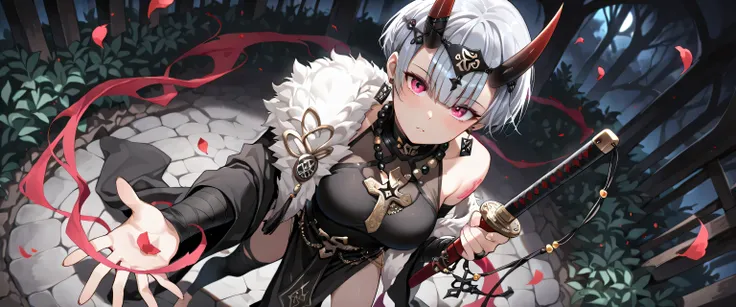 ((masterpiece, best quality, ultra detailed, high resolution, beautiful detailed face, beautiful detailed eyes, perfect hands, 4K)), (1 woman, solo), oni, one cute horn, (medium breasts), (girl with short pixie cut, straight bangs, soft layers, neat around...