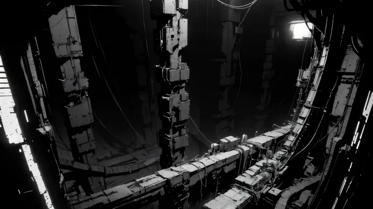 35mm lens,blame, tsutomu nihei, by tsutomu nihei,movie, A dark underground biomechanical core scene,The center is a column wrapped around vines,Structural corrosion and aging,Some cables emit a faint golden glow,Surrounded by distorted pipelines and metal ...