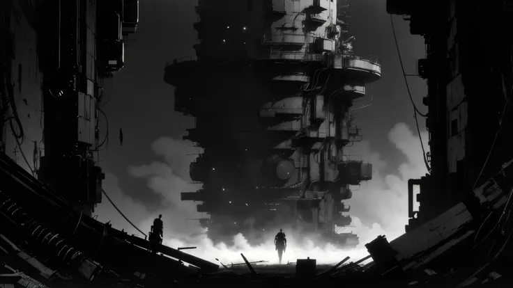 35mm lens,blame, tsutomu nihei, by tsutomu nihei,movie, A dark underground biomechanical core scene,The center is a column wrapped around vines,Structural corrosion and aging,Some cables emit a faint golden glow,Surrounded by distorted pipelines and metal ...