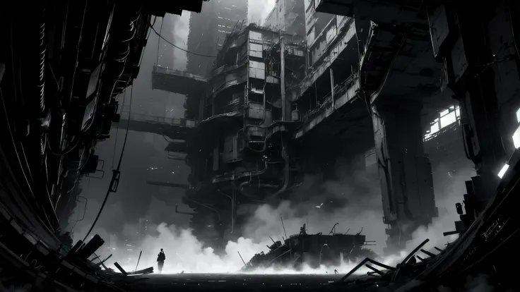 35mm lens,blame, tsutomu nihei, by tsutomu nihei,movie, A dark underground biomechanical core scene,The center is a column wrapped around vines,Structural corrosion and aging,Some cables emit a faint golden glow,Surrounded by distorted pipelines and metal ...
