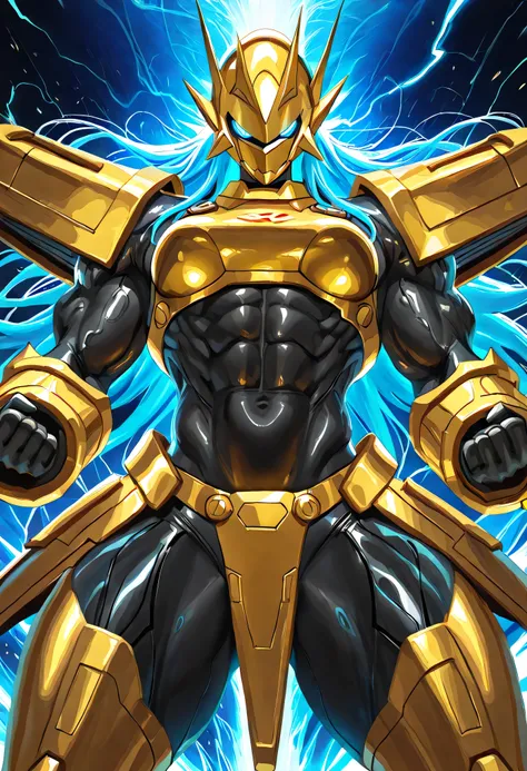 “A semi-realistic, fantasy-style female warrior inspired by Magnamon, reimagined as a powerful armored heroine. She has a dazzling golden chrome exosuit resembling Magnamon’s iconic armor, but modified into a minimalistic, battle bikini design that accentu...