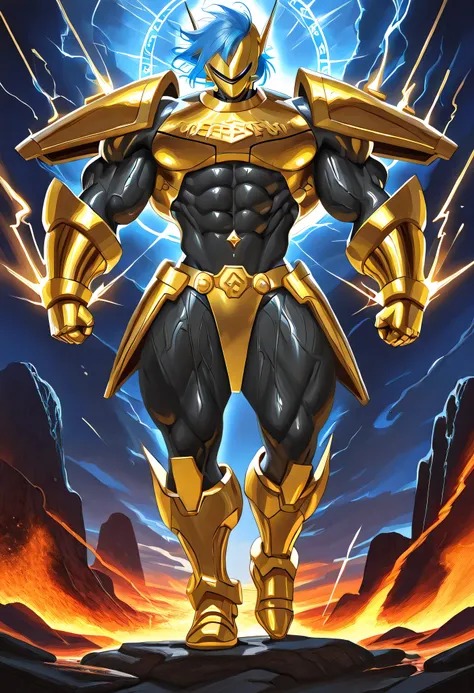 “A powerful female warrior inspired by Magnamon, reimagined with sleek golden chrome armor adapted into a stylized battle bikini—highlighting her hyper-muscular physique, with deeply defined abs, large biceps, and heroic proportions. Her skin has a warm gl...