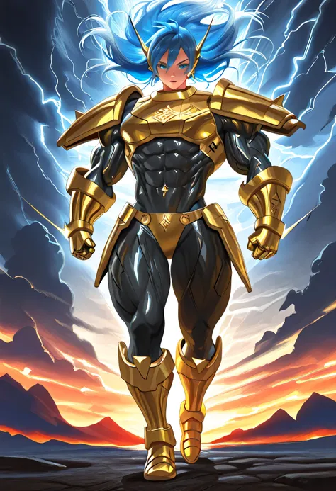 “A powerful female warrior inspired by Magnamon, reimagined with sleek golden chrome armor adapted into a stylized battle bikini—highlighting her hyper-muscular physique, with deeply defined abs, large biceps, and heroic proportions. Her skin has a warm gl...