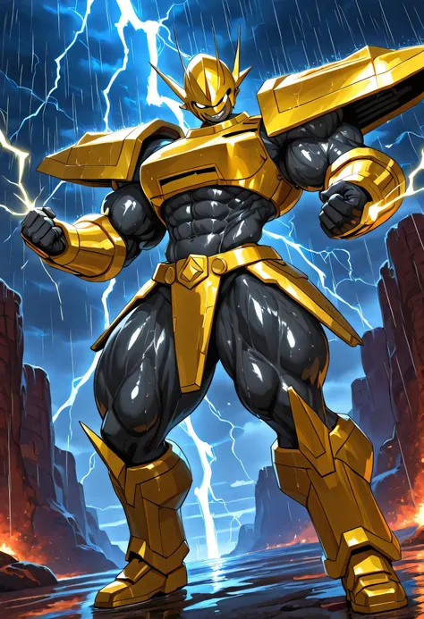 A hyper-muscular female Magnamon warrior stands on the edge of a thunder-scarred cliff, lightning dancing behind her as golden armor clings tightly to her immense physique. She glances back over her shoulder with a sultry, commanding smirk, rain glistening...
