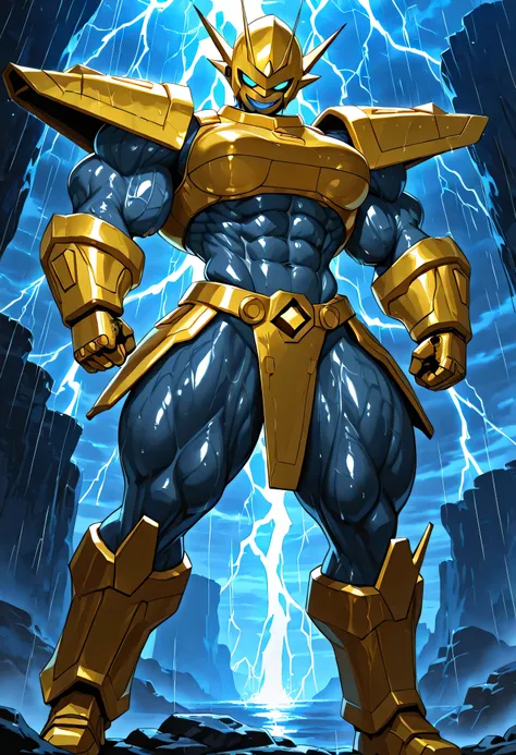 A hyper-muscular female Magnamon warrior stands on the edge of a thunder-scarred cliff, lightning dancing behind her as golden armor clings tightly to her immense physique. She glances back over her shoulder with a sultry, commanding smirk, rain glistening...