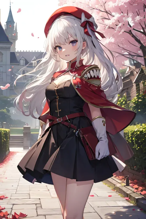 Serious girl, White hair, (showing teeth), castle background, castle background(mansion), complete anatomy, Graphic Effects, height 159 cm ( 5 feet 3 inches ), red beret, strong breeze , sakura petals and leaves, , Masterpiece, the best quality