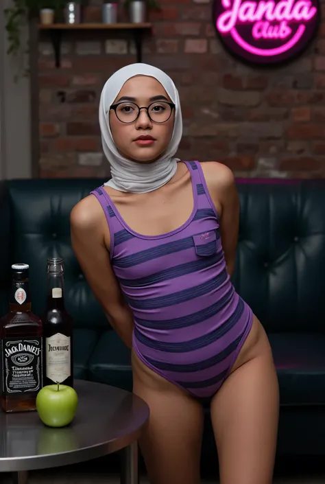 face cute smile , Front posing, Wearing Scarf neck tie, Front posing, SKINNY SUPER OLD LADY, memakai kacamata rabun,  (Thighs and calves huge muscles), (((MOODY FACE EXPRESSION))), "Wearing Hijab perfectly",  wearing Scoop Neck Sleeveless purple Bodysuits ...