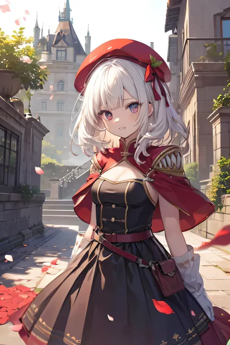 Serious girl, White hair, (showing teeth), castle background, castle background(mansion), complete anatomy, Graphic Effects, height 159 cm ( 5 feet 3 inches ), red beret, strong breeze , sakura petals and leaves, , Masterpiece, the best quality