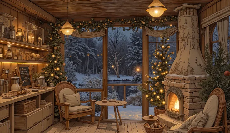 Cozy cabin with fireplace, không có cây Giáng sinhThe scene depicts a Cozy cabin with fireplace, without a rustic cafe Christmas tree, overlooking a beautiful Tranh sơn dầu và acrylic trên vải, một căn bếp của nhà bà ngoại vào ban đêm. Cảnh được dựng theo ...