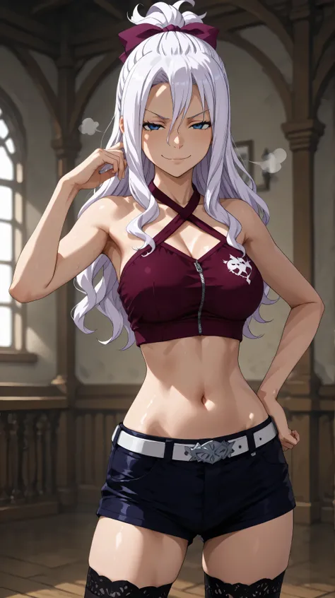 mirajane, hot, slim, sexy, smiling, MiraFTG, long hair, half ponytail, bangs, SIDELOCK, hair between the eyes, white hair, purple hair ribbon, blue EYES, halterneck, criss-cross halter, thighhighs, shorts, belt, 3D, guild hall, challenge, glossy, high qual...