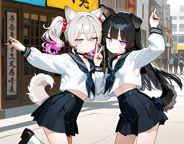 2girls, lavender eyes, jitome(0.5), Black Hair, white Grey Gradient Hair, blunt bangs, hime cut, Medium length twintails, curly hair, Full head of hair, dog tail, dog ears, small Breast, black clothes, black cropped top, Long sleeves, slit pleated skirt, s...