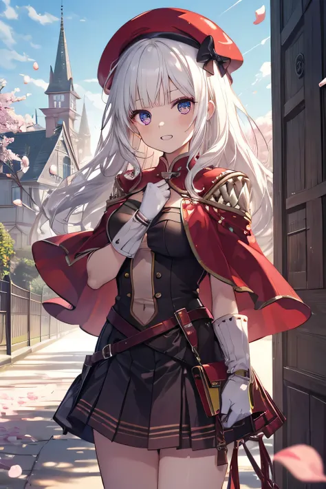 Serious girl, White hair, (showing teeth), castle background, castle background(mansion), complete anatomy, Graphic Effects, height 159 cm ( 5 feet 3 inches ), red beret, strong breeze , sakura petals and leaves, , Masterpiece, the best quality