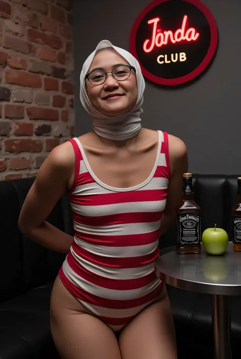 face cute smile , Front posing, Wearing Scarf neck tie, Front posing, SKINNY SUPER OLD LADY, memakai kacamata rabun,  (Thighs and calves huge muscles), (((MOODY FACE EXPRESSION))), "Wearing Hijab perfectly",  wearing Scoop Neck Sleeveless red & white Bodys...