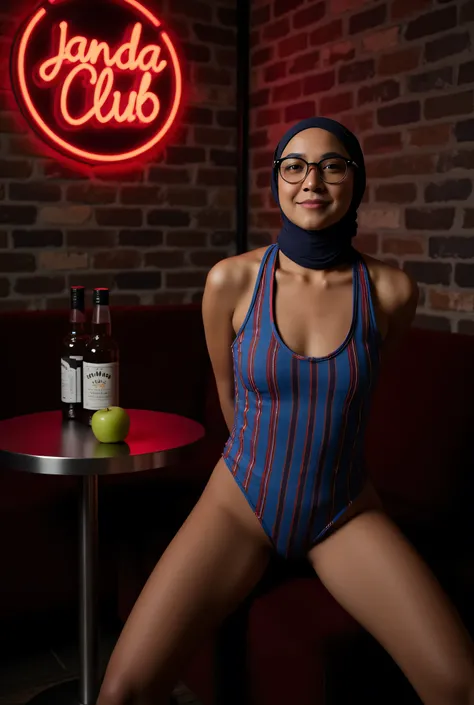 face cute soft smile, Front posing, Wearing Scarf neck tie, Front posing, SKINNY SUPER OLD LADY, memakai kacamata rabun,  (Thighs and calves huge muscles), (((MOODY FACE EXPRESSION))), "Wearing Hijab perfectly",  wearing Scoop Neck Sleeveless blue & red Bo...