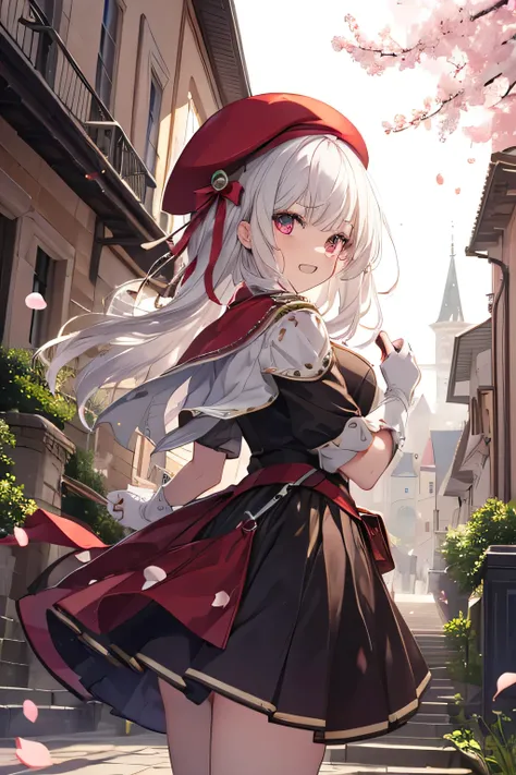 Serious girl, White hair, (showing teeth), castle background, castle background(mansion), complete anatomy, Graphic Effects, height 159 cm ( 5 feet 3 inches ), red beret, strong breeze , sakura petals and leaves, , Masterpiece, the best quality