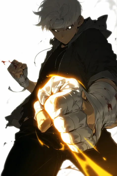 Handsome, Athletic, alone, male, Short spicky hair, long white hair, black orange eye, black shirt, white orange and black unzipped hoodie with rolled up sleeves, black pants, , intricate sketch, expressive eyes nose and mouth, simple pose, clench fist, bl...