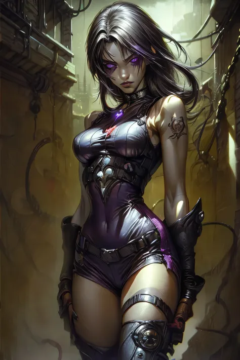 a 18 y.o girl wearing bodysuit(sleeveless), high boots, black-eyes shadow, long eyelashes, arm tattoo, detailed facial features, beautiful young woman, sexy pose, dark bodysuit(sleeveless), thigh-high high boots, arm bracelet, circlet, choker, dramatic lig...