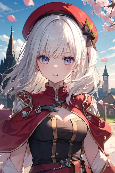 Serious girl, White hair, (showing teeth), castle background, castle background(mansion), complete anatomy, Graphic Effects, height 159 cm ( 5 feet 3 inches ), red beret, strong breeze , sakura petals and leaves, , Masterpiece, the best quality