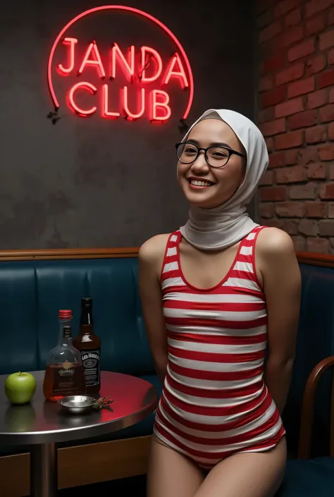 face cute smile , Front posing, Wearing Scarf neck tie, Front posing, SKINNY SUPER OLD LADY, memakai kacamata rabun,  (Thighs and calves huge muscles), (((MOODY FACE EXPRESSION))), "Wearing Hijab perfectly",  wearing Scoop Neck Sleeveless red & white Bodys...