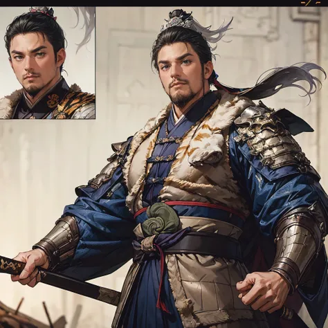 top quality、masterpiece、4K、 oil painting portrait 、An ancient Chinese shogun with a battle baton、One big 30-year-old man、 accurately drawn eye 、black eyes、dark haired、Tiger Whiskers、Glutinous meat:1.3、、Thick neck、　thick arms、silver bright light armor、deepl...