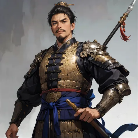 top quality、masterpiece、4K、 oil painting portrait 、ancient Chinese shogun with a spear、a 30-year-old man、 accurately drawn eye 、black eyes、dark haired、A capable man、Thin mustache、 muscular and toned body 、silver bright light armor、deeply covered silver hel...
