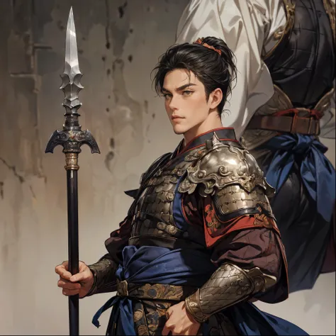 top quality、masterpiece、4K、 oil painting portrait 、ancient Chinese shogun with a spear、a 30-year-old man、 accurately drawn eye 、black eyes、dark haired、A capable man、 muscular and toned body 、silver bright light armor、deeply covered silver helmet、holding a ...