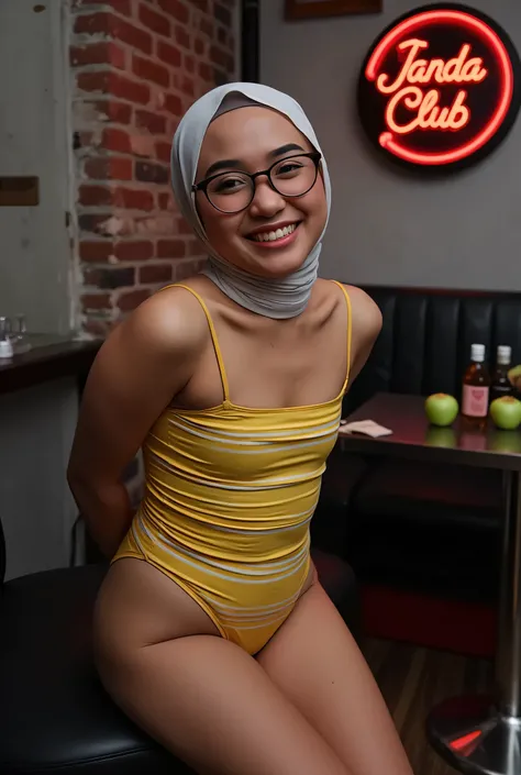 face cute smile , Front posing, Wearing Scarf neck tie, Front posing, SKINNY SUPER OLD LADY, memakai kacamata rabun,  (Thighs and calves huge muscles), (((MOODY FACE EXPRESSION))), "Wearing Hijab perfectly",  wearing Scoop Neck Sleeveless yellow & white Bo...