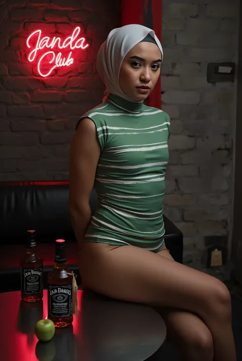 face cute smile , Front posing, Wearing Scarf neck tie, Front posing, SKINNY SUPER OLD LADY, memakai kacamata rabun,  (Thighs and calves huge muscles), (((MOODY FACE EXPRESSION))), "Wearing Hijab perfectly",  wearing Scoop Neck Sleeveless green & white Bod...